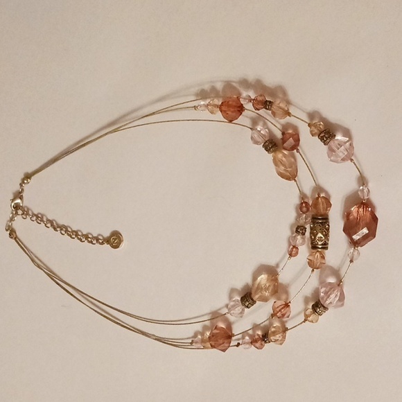 Napier Signed Vintage Y2K Necklace 3 Wire Strands Beaded PINK ORANGE Fairy - Picture 3 of 5